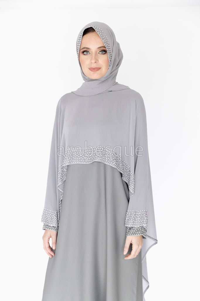 Light Grey Luxury Pearl and Diamante Chiffon Cape Closed Abaya