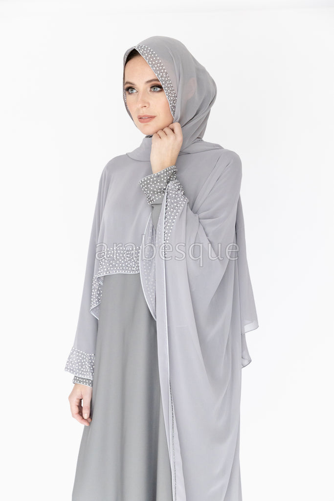 Light Grey Luxury Pearl and Diamante Chiffon Cape Closed Abaya