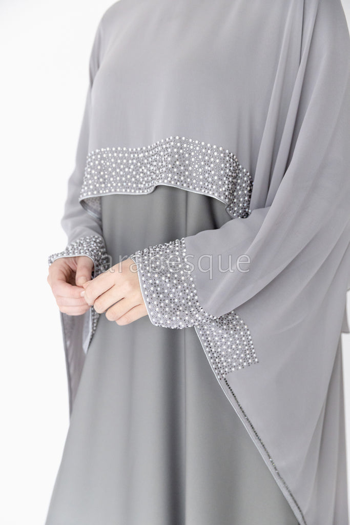 Light Grey Luxury Pearl and Diamante Chiffon Cape Closed Abaya