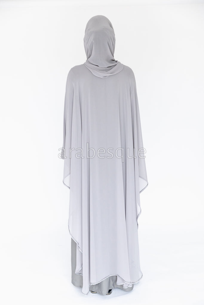 Light Grey Luxury Pearl and Diamante Chiffon Cape Closed Abaya