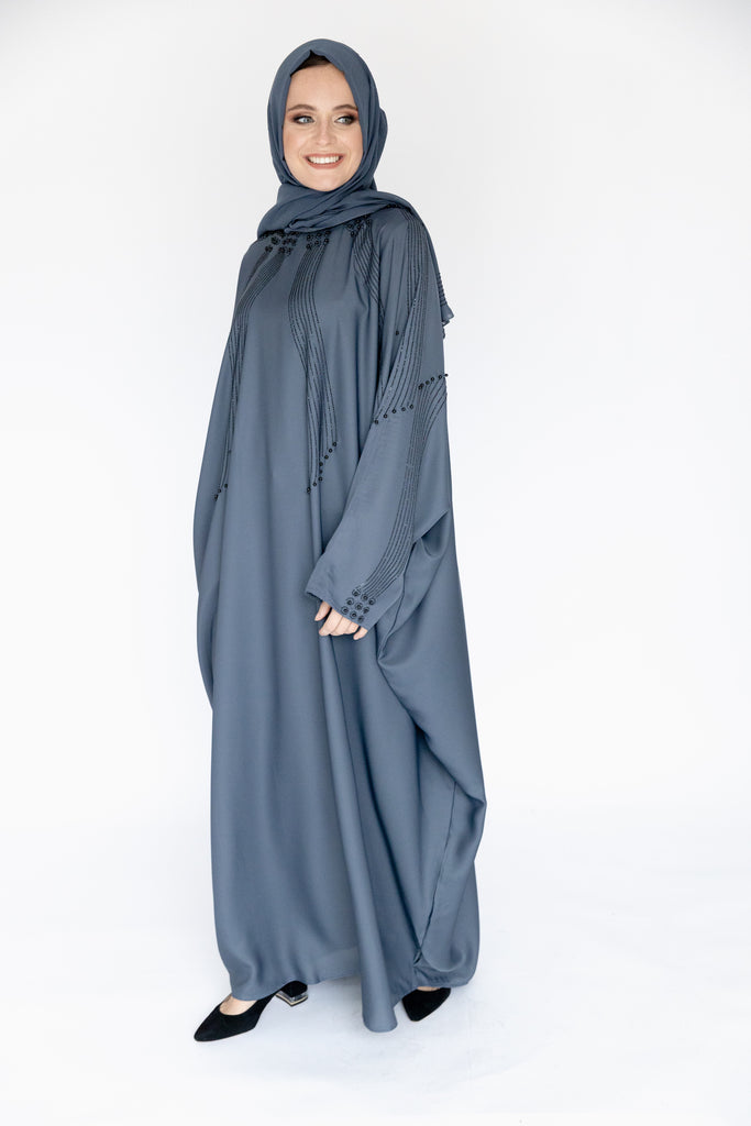 Blue Closed Abaya – Luxurious Batwing Design with Black Diamanté Pattern