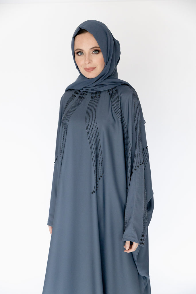 Blue Closed Abaya – Luxurious Batwing Design with Black Diamanté Pattern