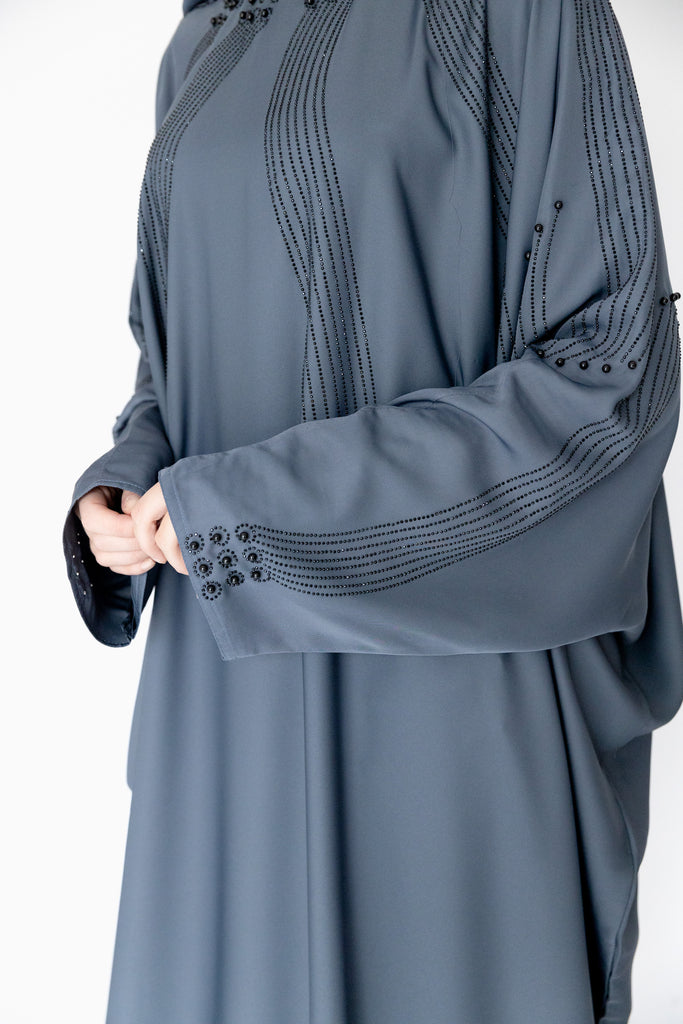 Blue Closed Abaya – Luxurious Batwing Design with Black Diamanté Pattern
