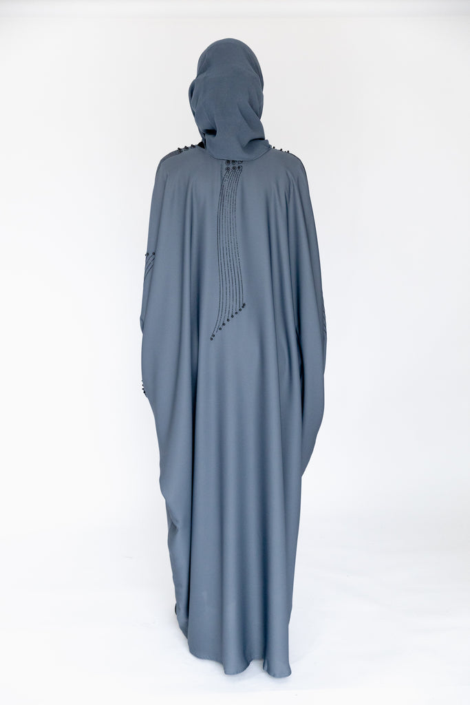 Blue Closed Abaya – Luxurious Batwing Design with Black Diamanté Pattern
