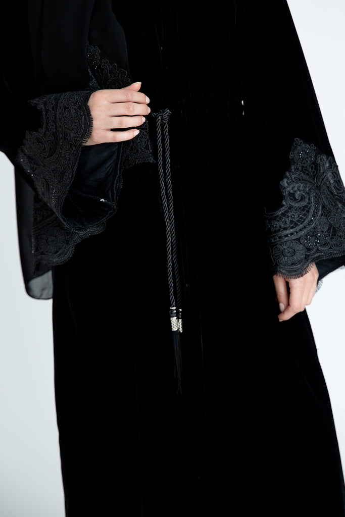 Black Velvet Open Abaya – Luxe Black Lace Design with Drawstring Waist