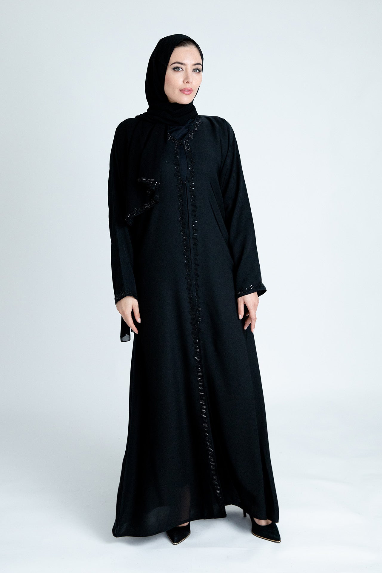 Black Open Abaya with Black Diamante Borders