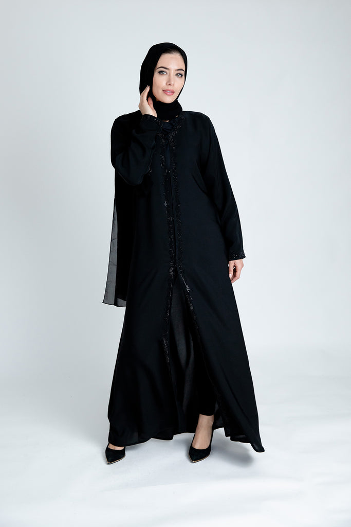 Black Open Abaya – Black Diamante Border Design