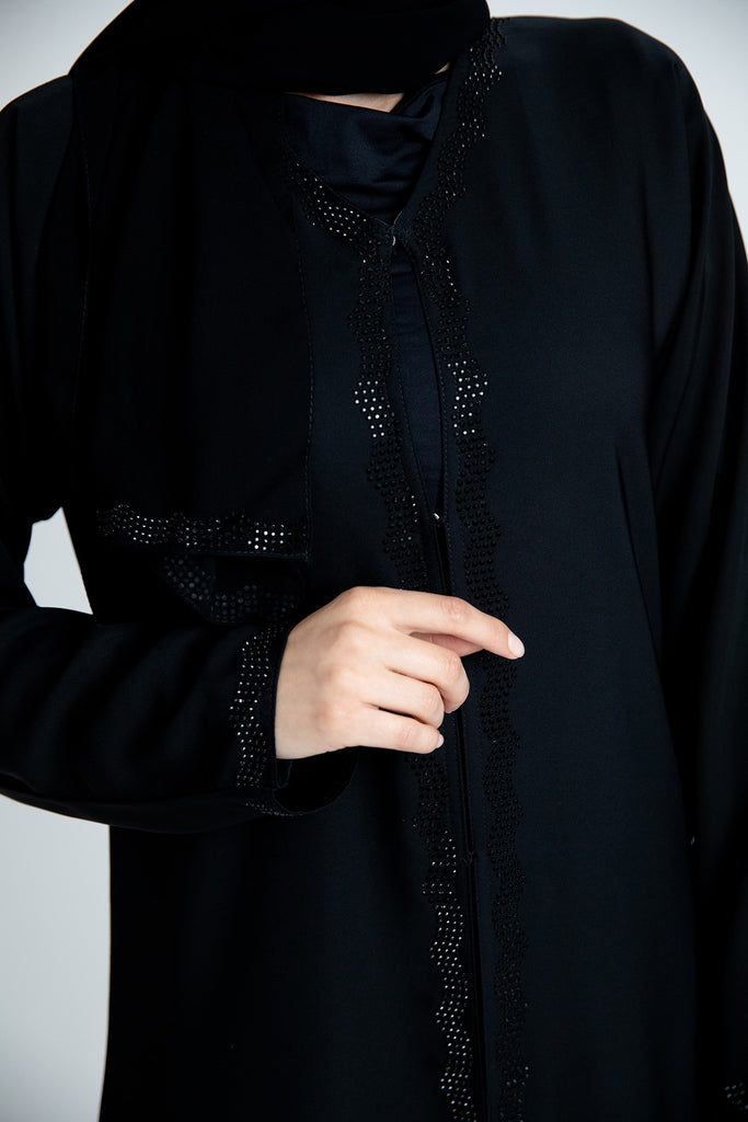 Black Open Abaya – Black Diamante Border Design