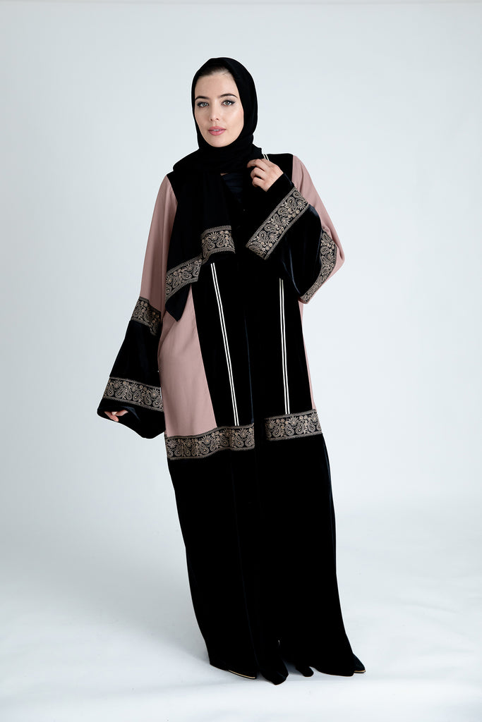 Black and Dusty Pink Luxury Gold Embroidery Open Abaya with Belt