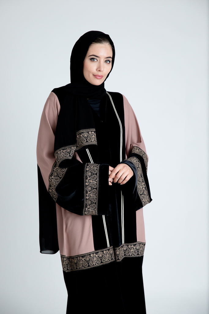 Black and Dusty Pink Luxury Gold Embroidery Open Abaya with Belt