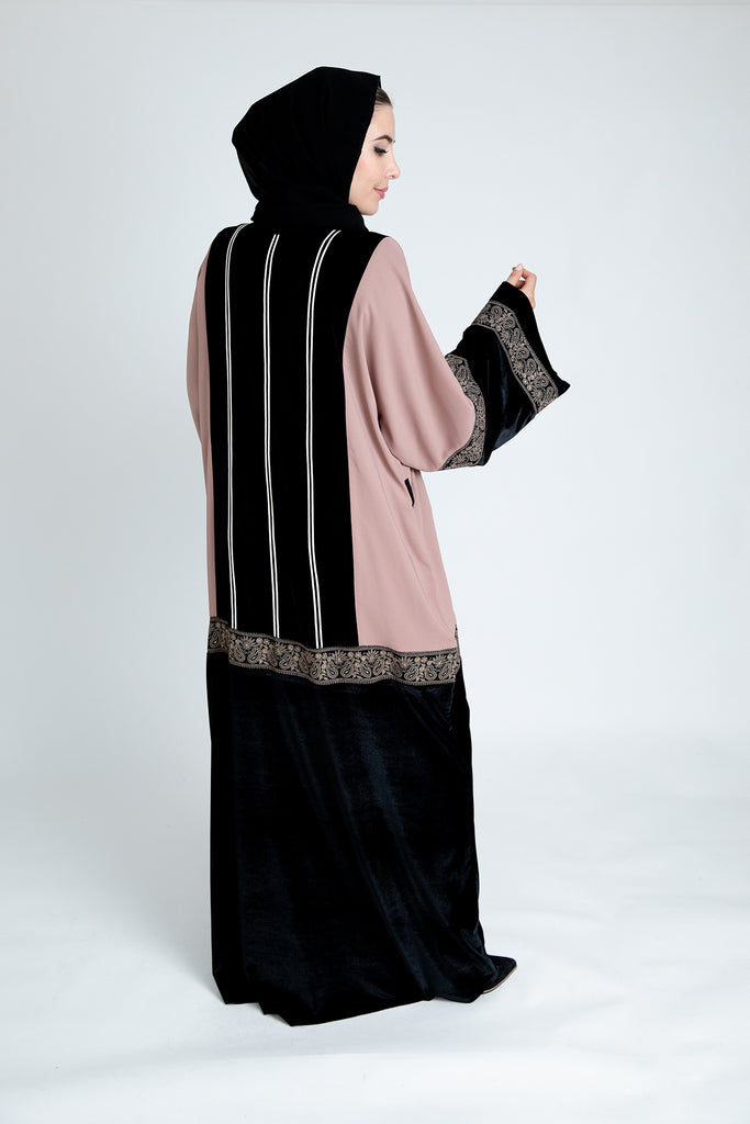 Black and Dusty Pink Luxury Gold Embroidery Open Abaya with Belt