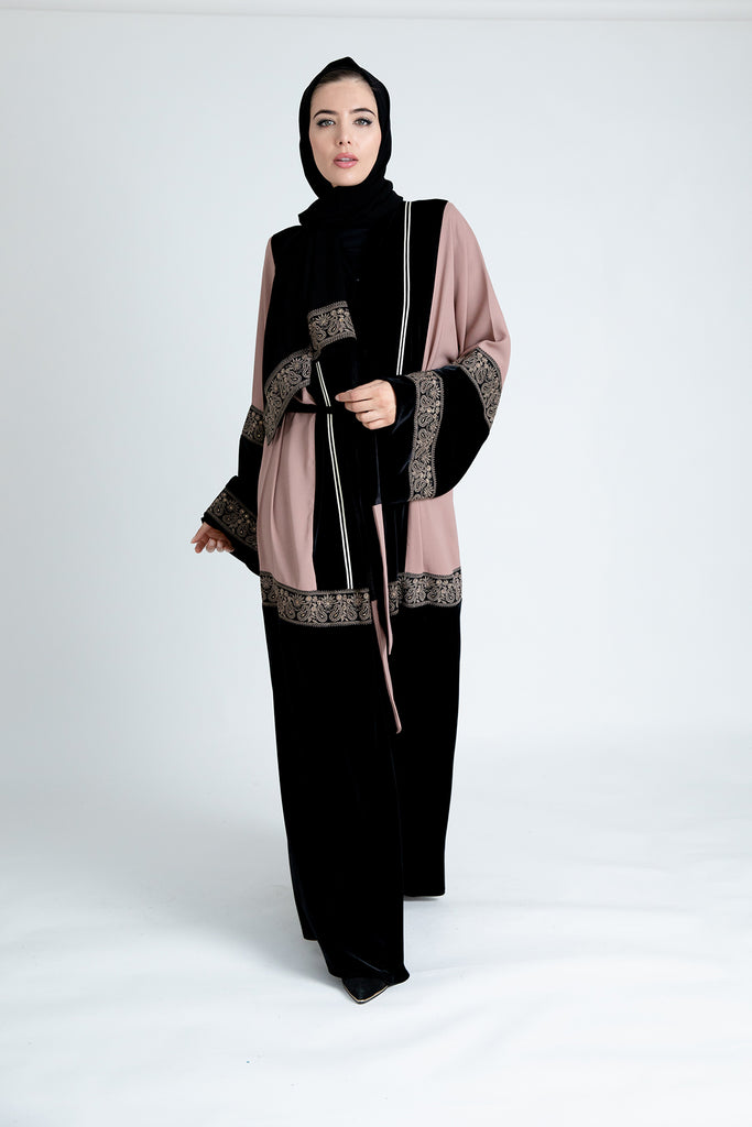 Black and Dusty Pink Luxury Gold Embroidery Open Abaya with Belt