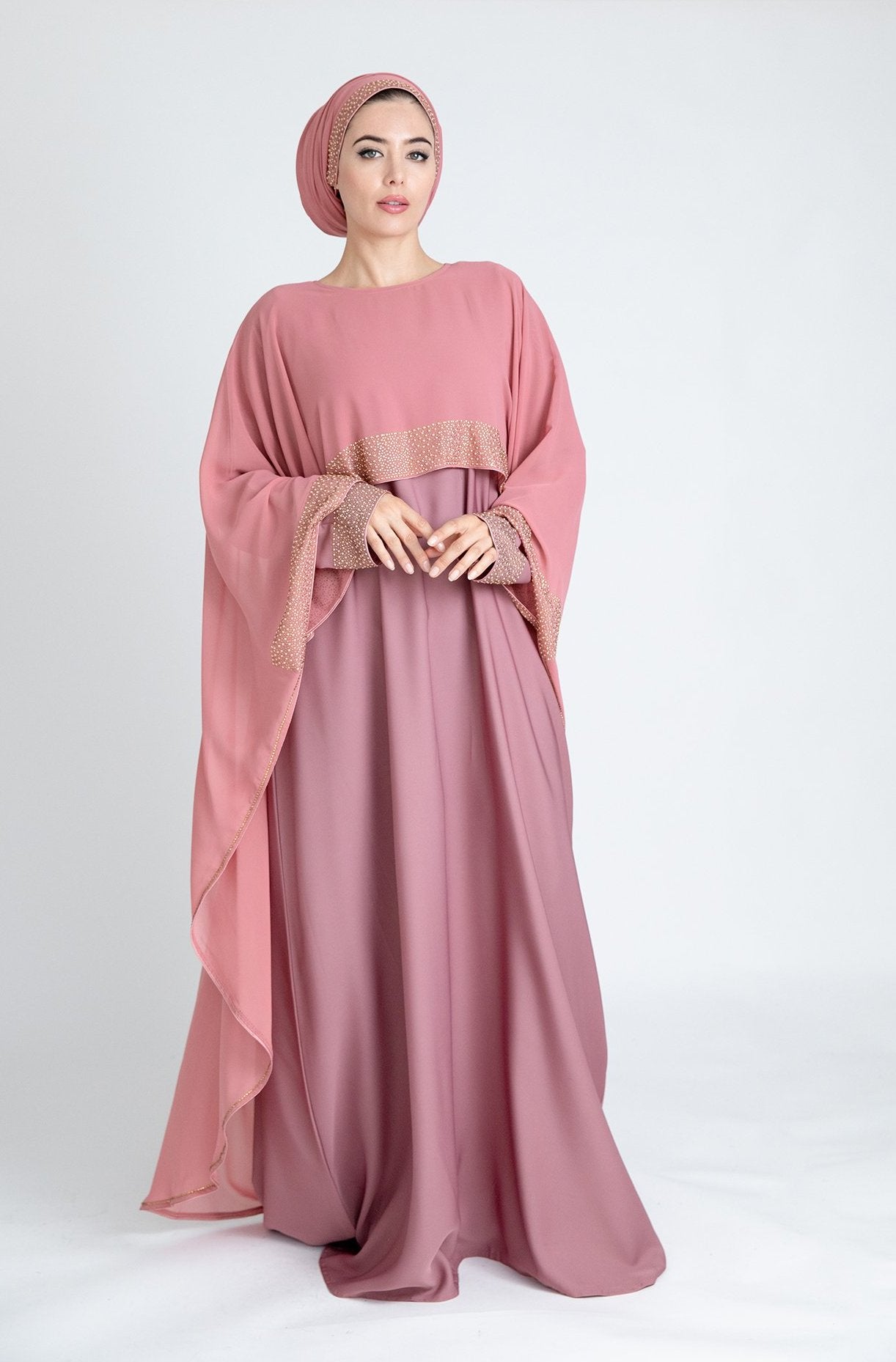 strapless open back dress Layla Layered Black Abaya UK with Diamant trim Elegant Modest Dress fo –  Madyna main image 1