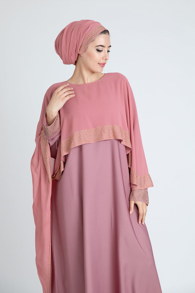 Luxury Blush Chiffon Closed Abaya with Golden Pearl & Diamante Cape