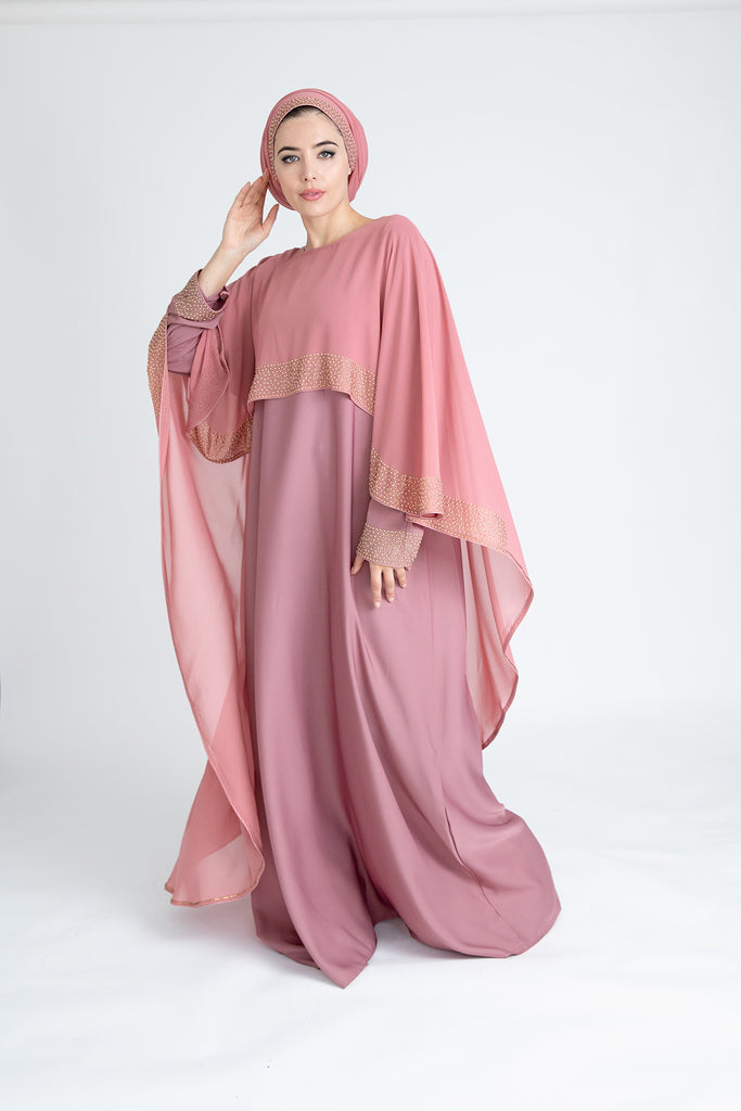 Luxury Blush Chiffon Closed Abaya with Golden Pearl & Diamante Cape