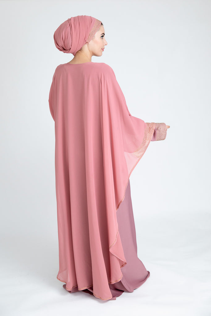 Luxury Blush Chiffon Closed Abaya with Golden Pearl & Diamante Cape