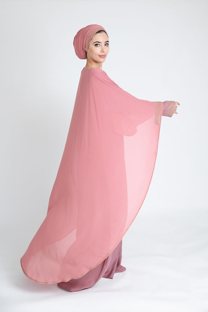 Luxury Blush Chiffon Closed Abaya with Golden Pearl & Diamante Cape