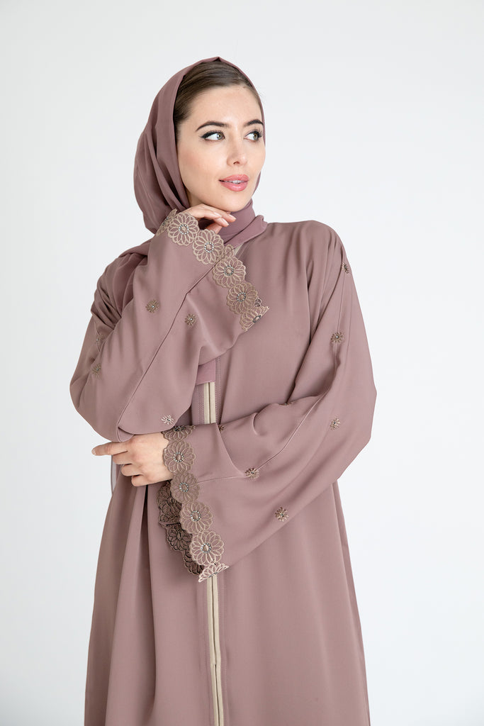 Blush Premium Flower Border Embroidered Open Abaya
