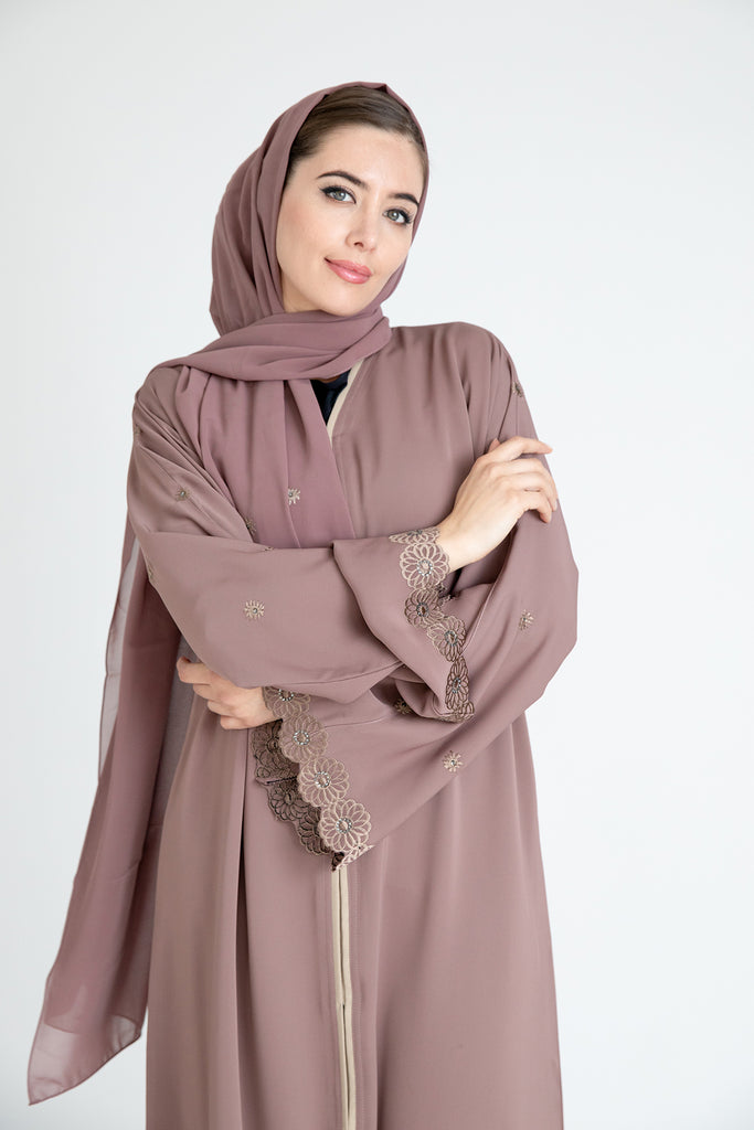 Blush Premium Flower Border Embroidered Open Abaya