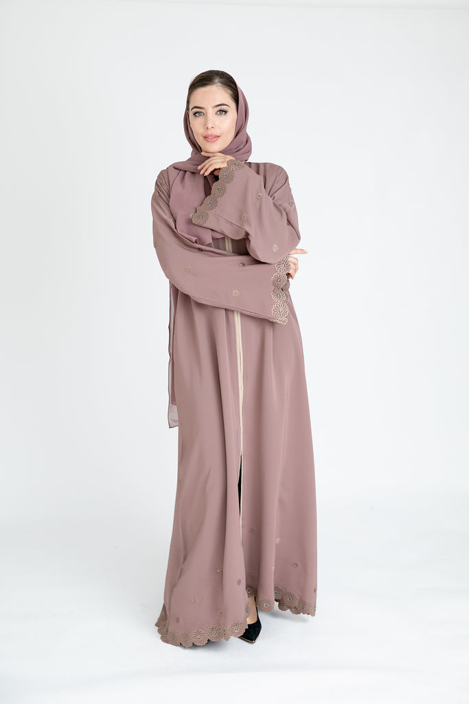 Blush Premium Flower Border Embroidered Open Abaya