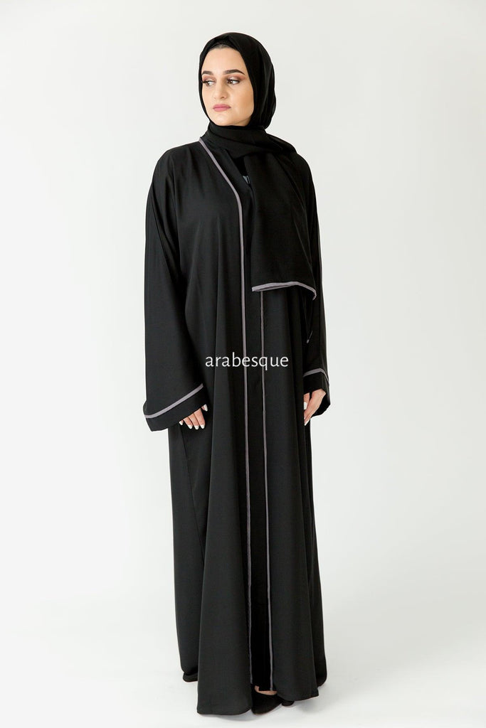 Premium Grey Line Border Open Abaya with Pocket and Matching Scarf