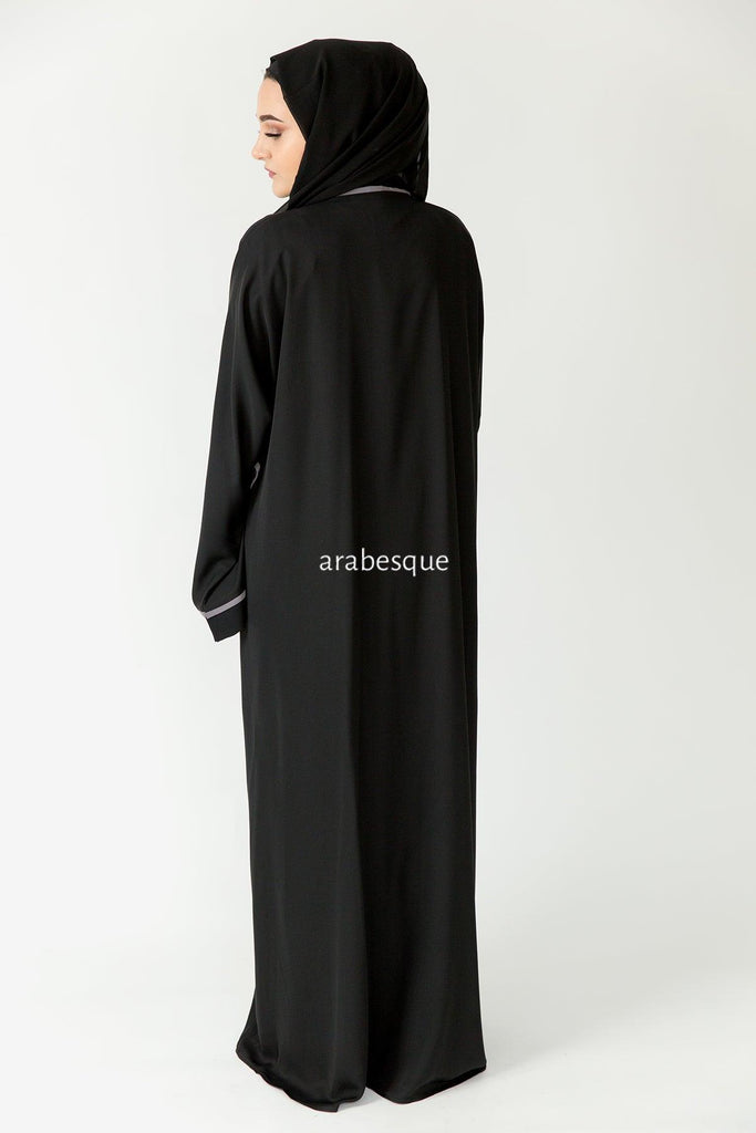 Premium Grey Line Border Open Abaya with Pocket and Matching Scarf