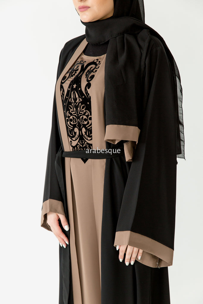 Brown and Black Faux Double Abaya with Stitched Pattern Patch