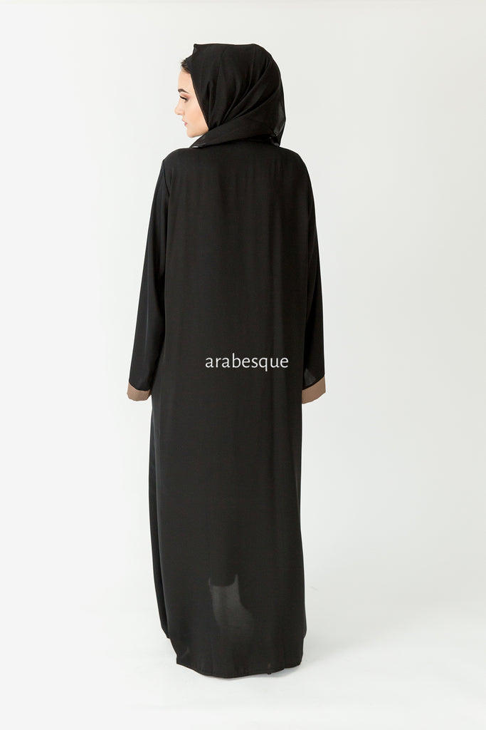 Brown and Black Faux Double Abaya with Stitched Pattern Patch