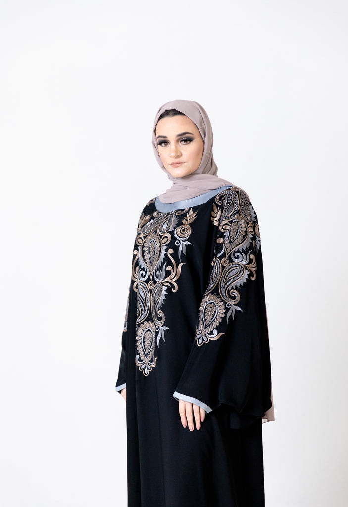 Black Closed Abaya – Luxurious Batwing Design with Blue Leaf Embroidery and Diamanté Detailing