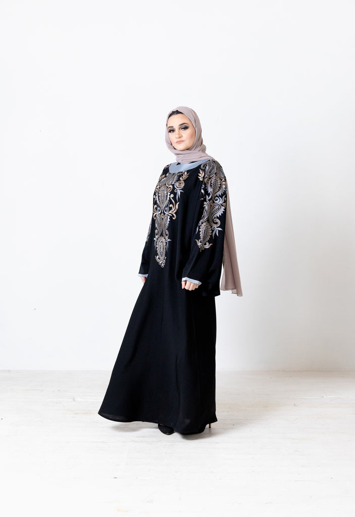 Black Closed Abaya – Luxurious Batwing Design with Blue Leaf Embroidery and Diamanté Detailing