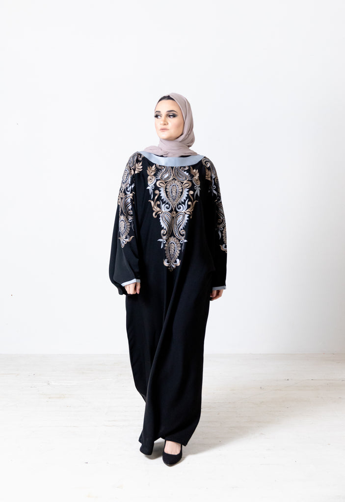 Black Closed Abaya – Luxurious Batwing Design with Blue Leaf Embroidery and Diamanté Detailing