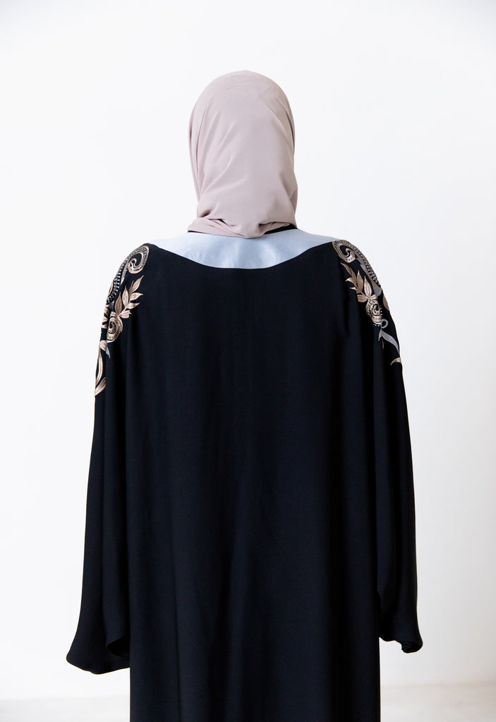 Black Closed Abaya – Luxurious Batwing Design with Blue Leaf Embroidery and Diamanté Detailing