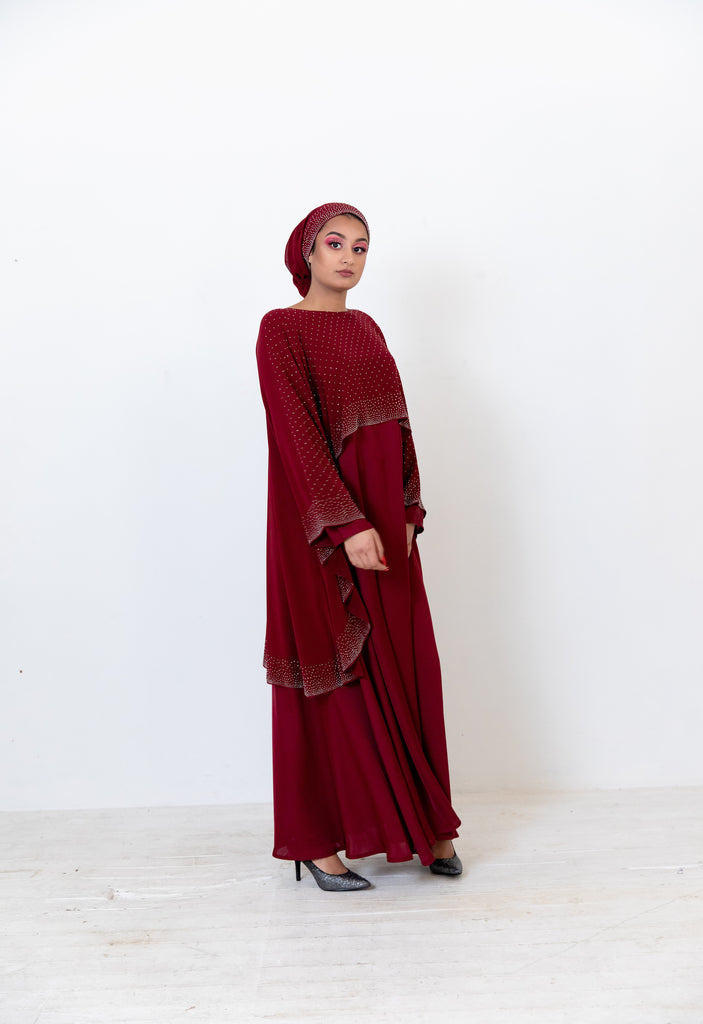 Maroon Closed Cape Abaya – Luxury Chiffon Design with Silver Stonework