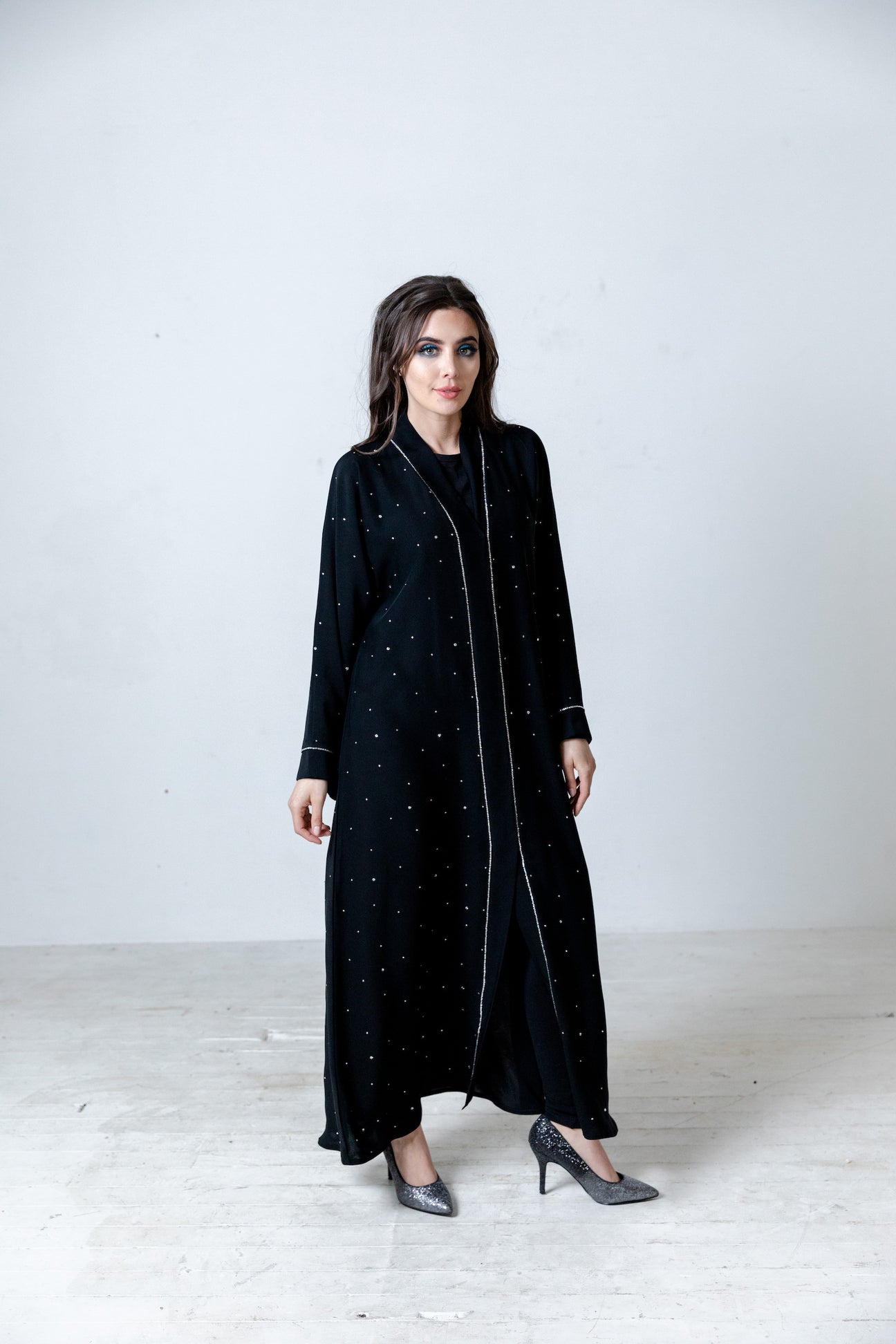 Luxury Black Open Abaya with Silver Diamante