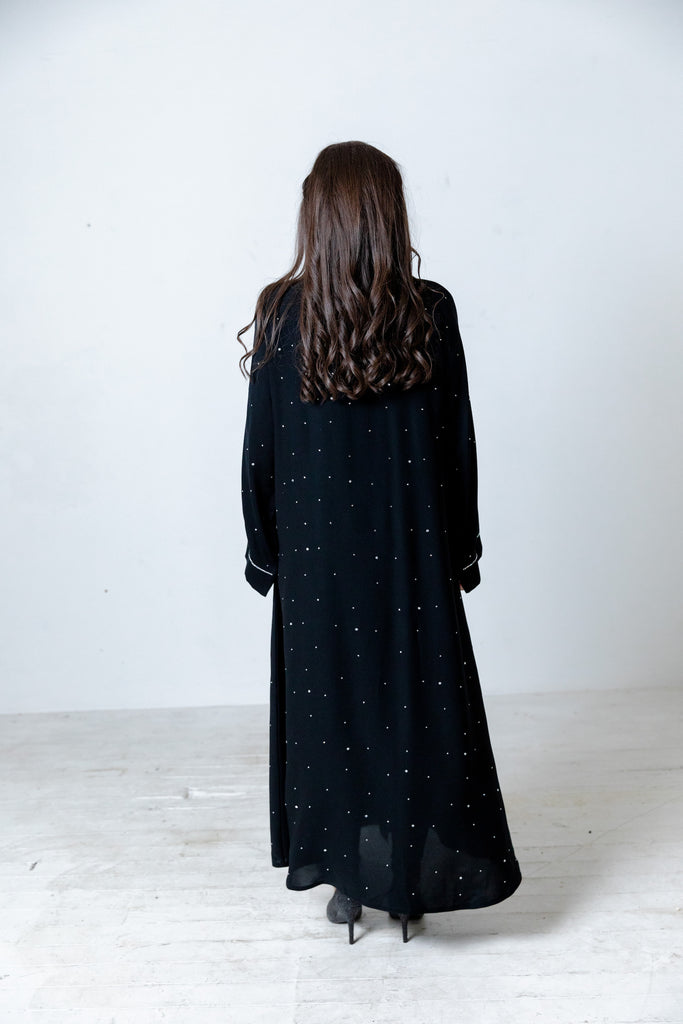 Black Open Abaya – Luxury Silver Diamanté Embellished Design