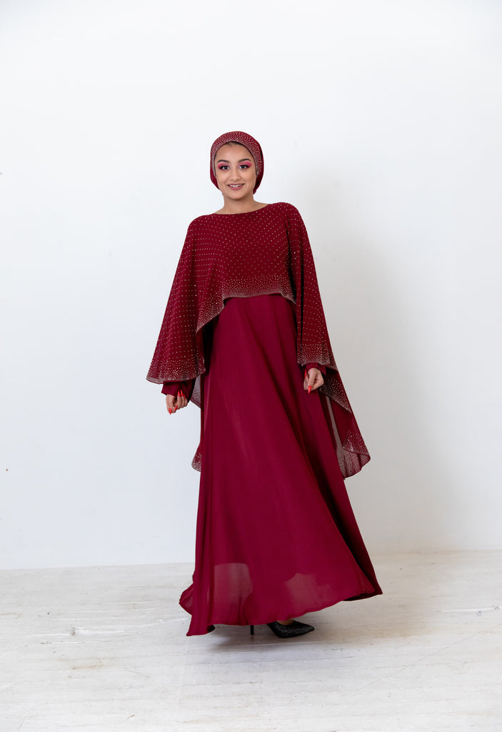 Maroon Closed Cape Abaya – Luxury Chiffon Design with Silver Stonework