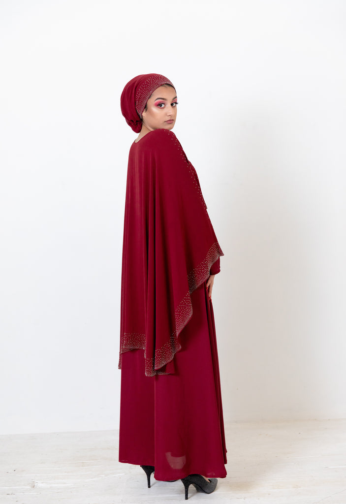 Maroon Closed Cape Abaya – Luxury Chiffon Design with Silver Stonework