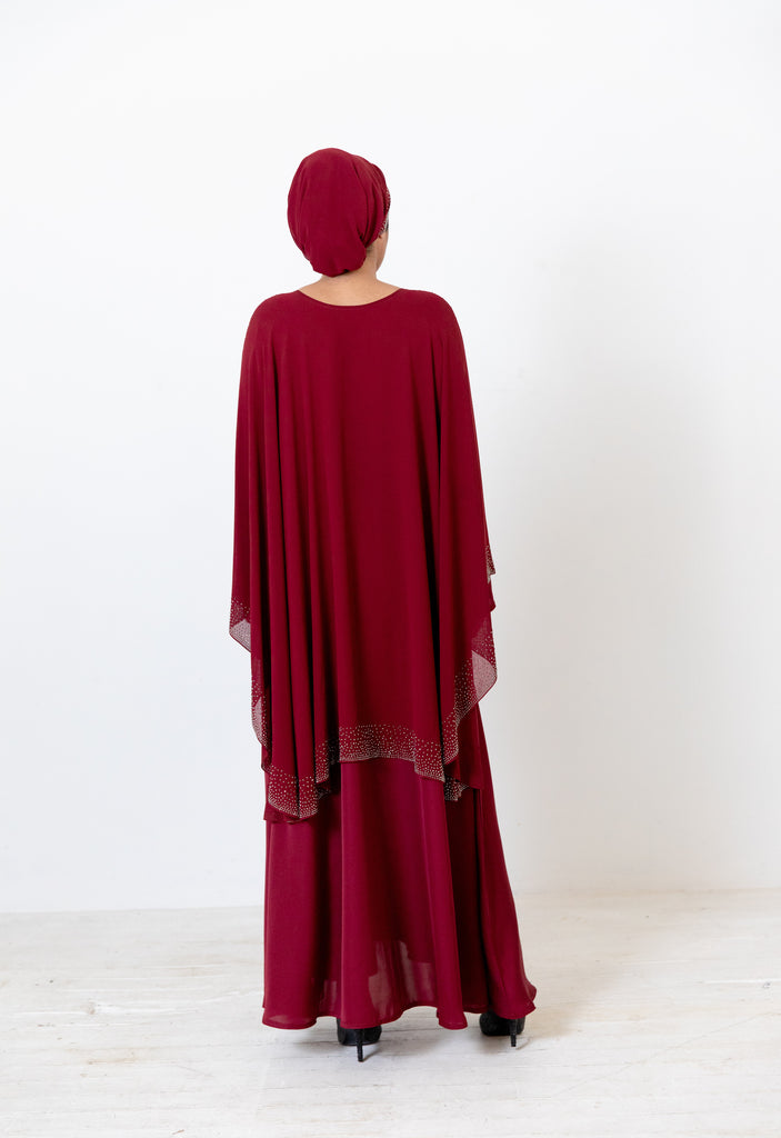 Maroon Closed Cape Abaya – Luxury Chiffon Design with Silver Stonework