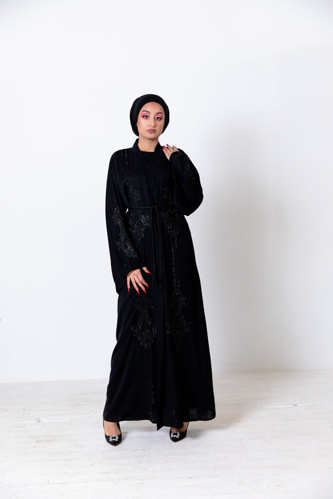 Black Open Abaya – Luxury Ornate Beaded Design