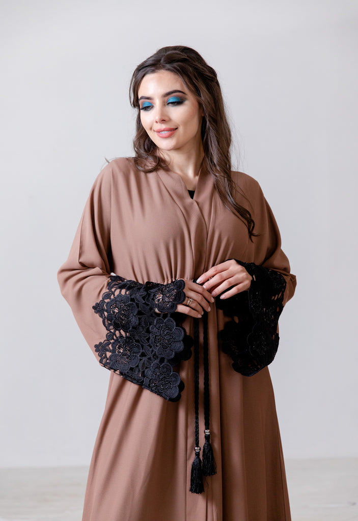 Taupe Open Abaya – Luxury Drawstring Design with Black Lace Trim