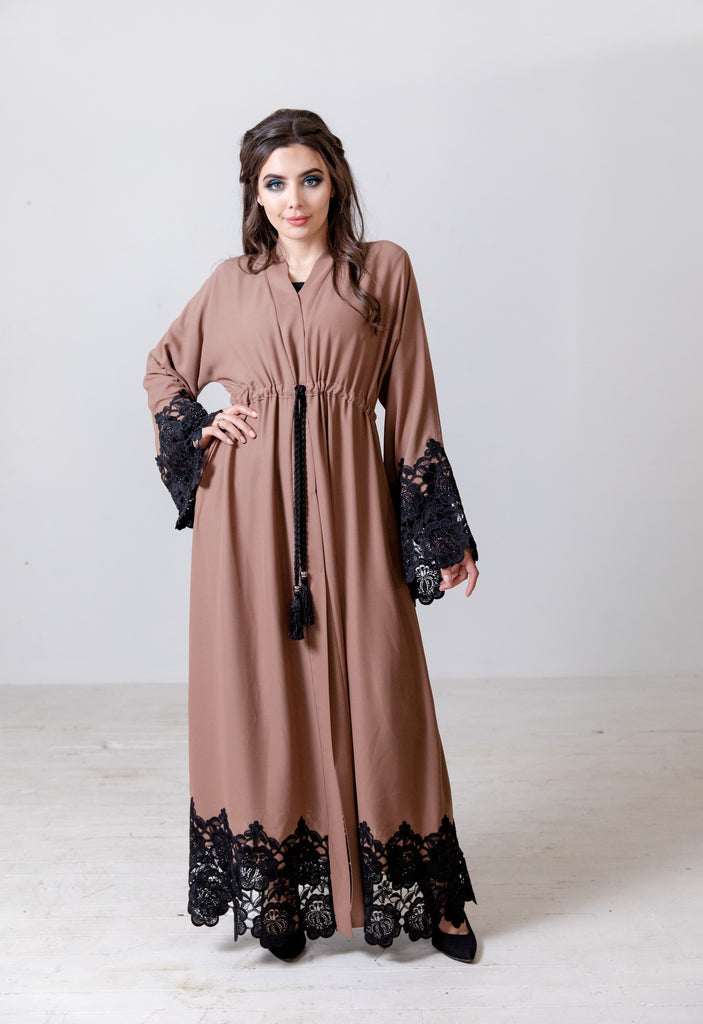 Taupe Open Abaya – Luxury Drawstring Design with Black Lace Trim