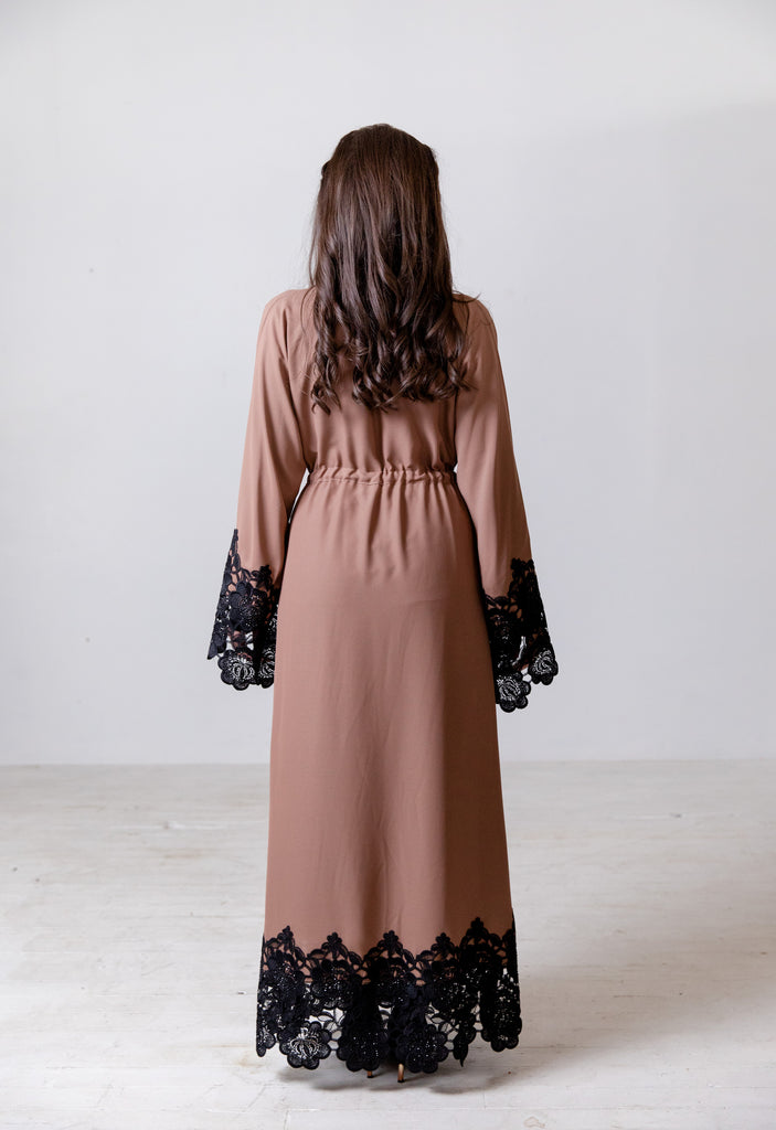 Taupe Open Abaya – Luxury Drawstring Design with Black Lace Trim