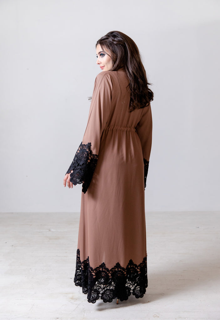 Taupe Open Abaya – Luxury Drawstring Design with Black Lace Trim