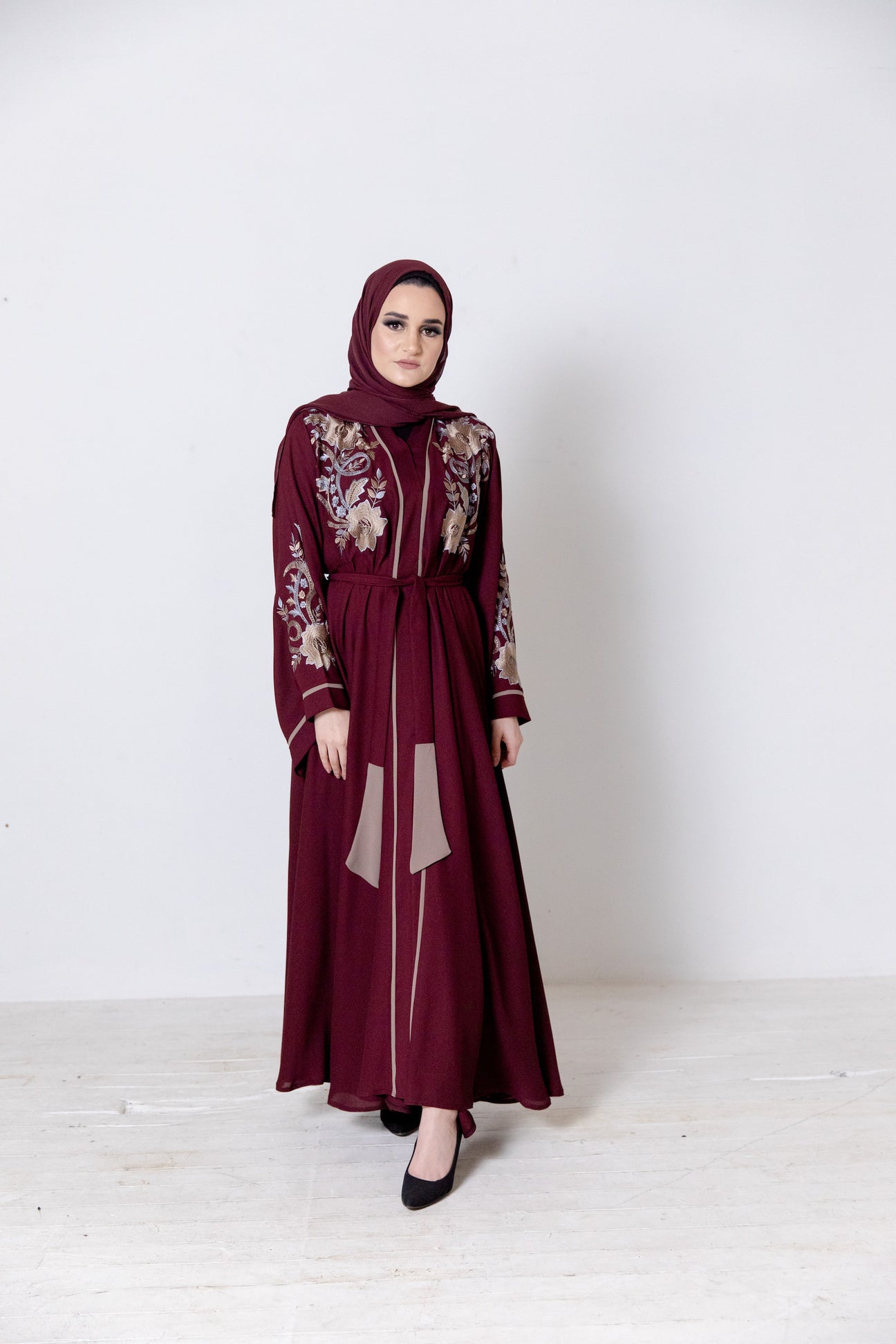 Maroon Luxury Floral Embroidery Open Umbrella Abaya with Belt