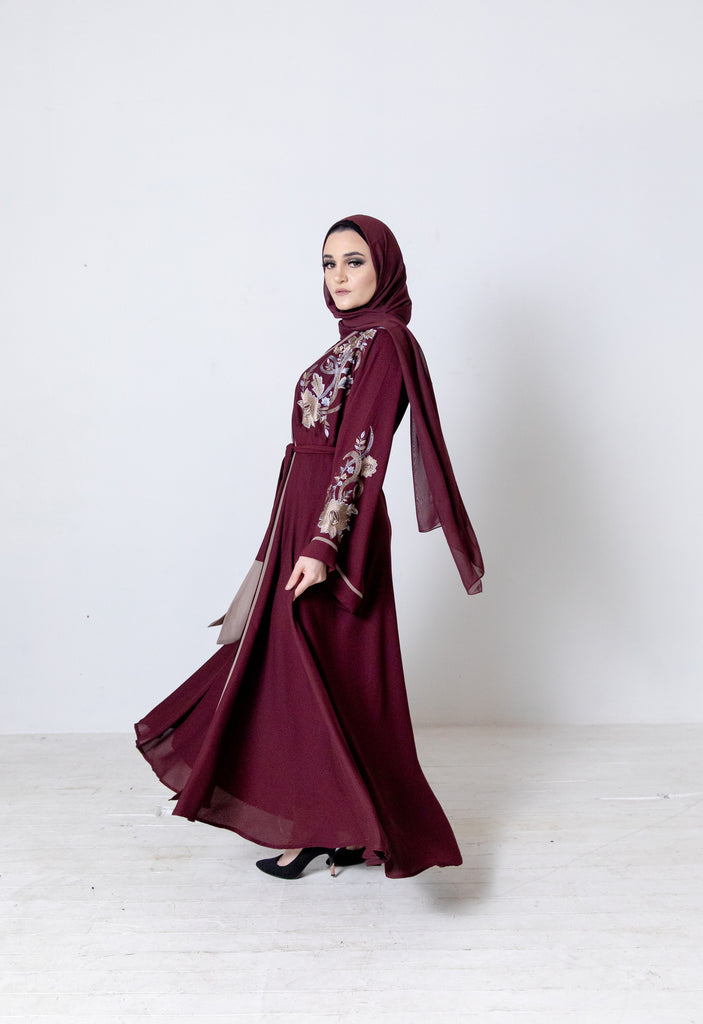 Maroon Open Umbrella Abaya - Luxury Floral Embroidery & Belt