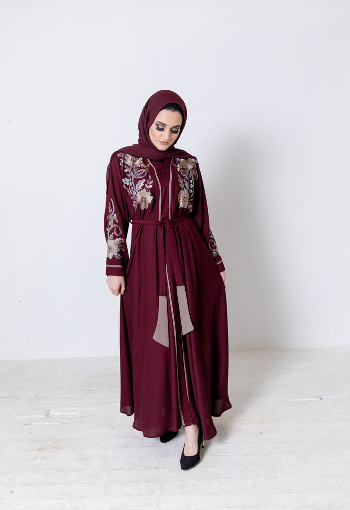 Maroon Open Umbrella Abaya - Luxury Floral Embroidery & Belt