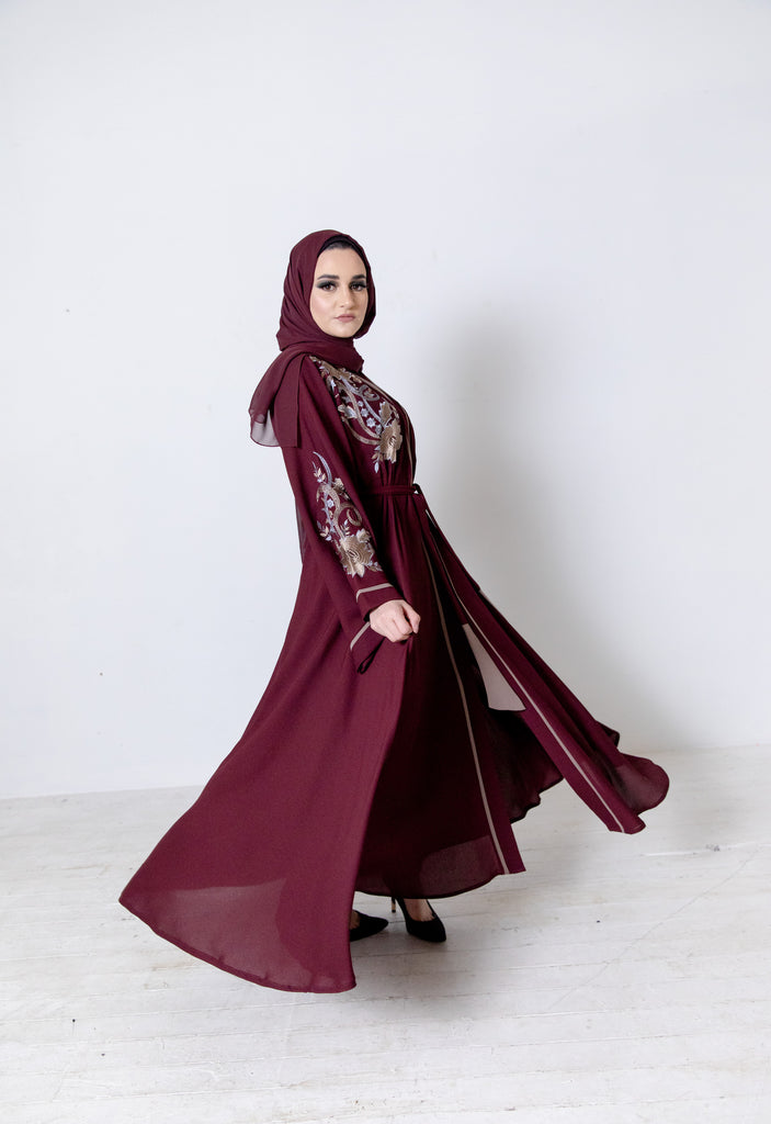 Maroon Open Umbrella Abaya - Luxury Floral Embroidery & Belt