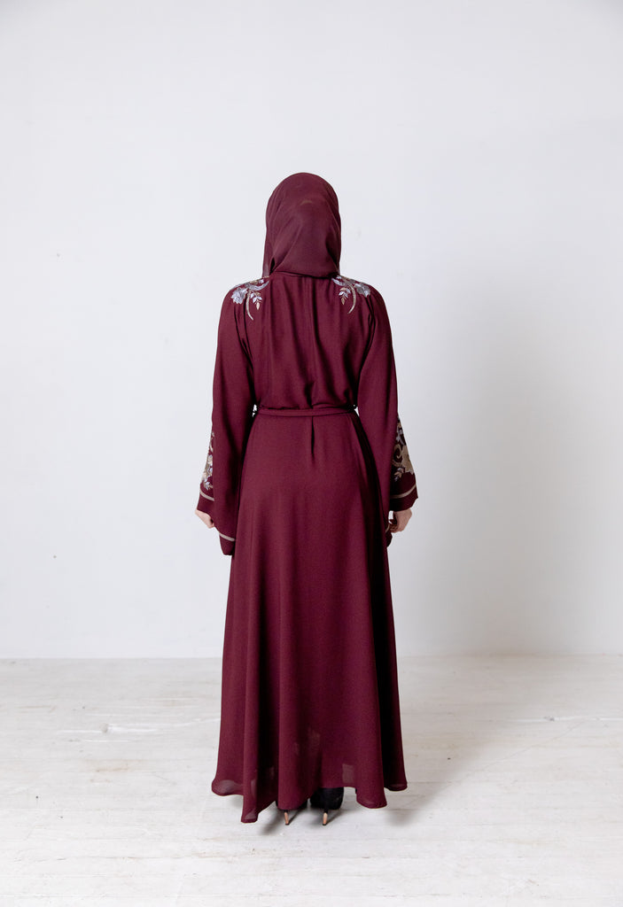Maroon Open Umbrella Abaya - Luxury Floral Embroidery & Belt