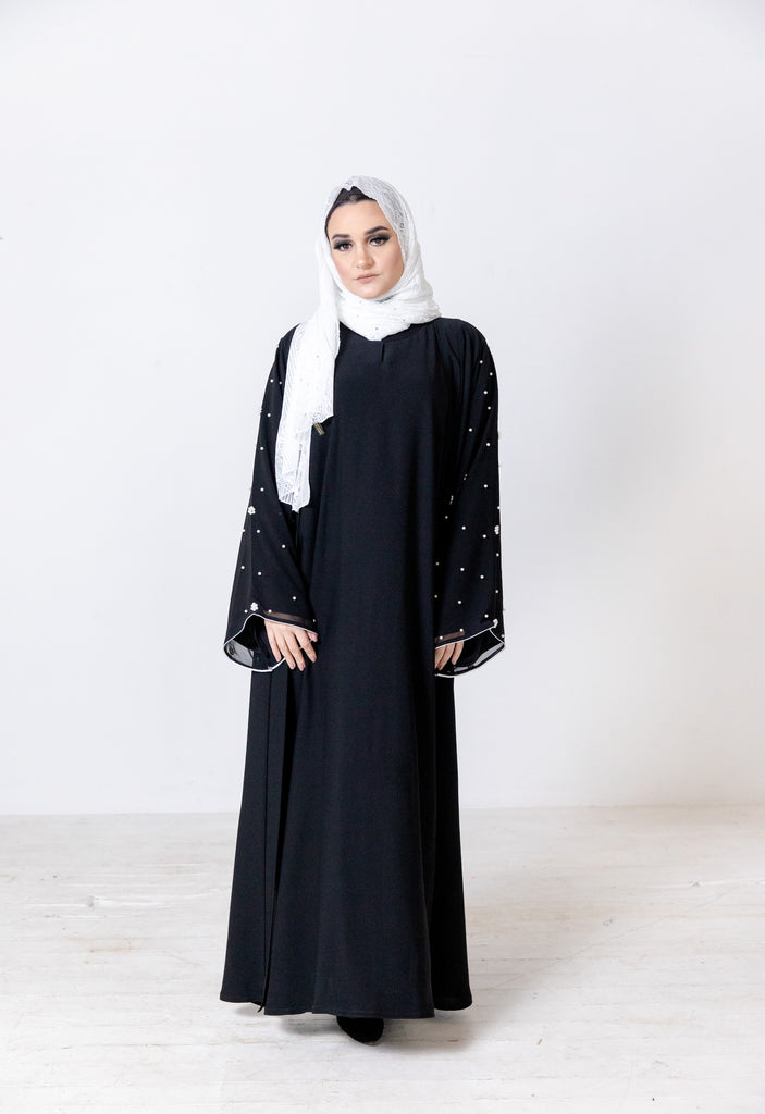Black Faux Double Abaya with White Pear Embellishment and Chiffon Sleeves