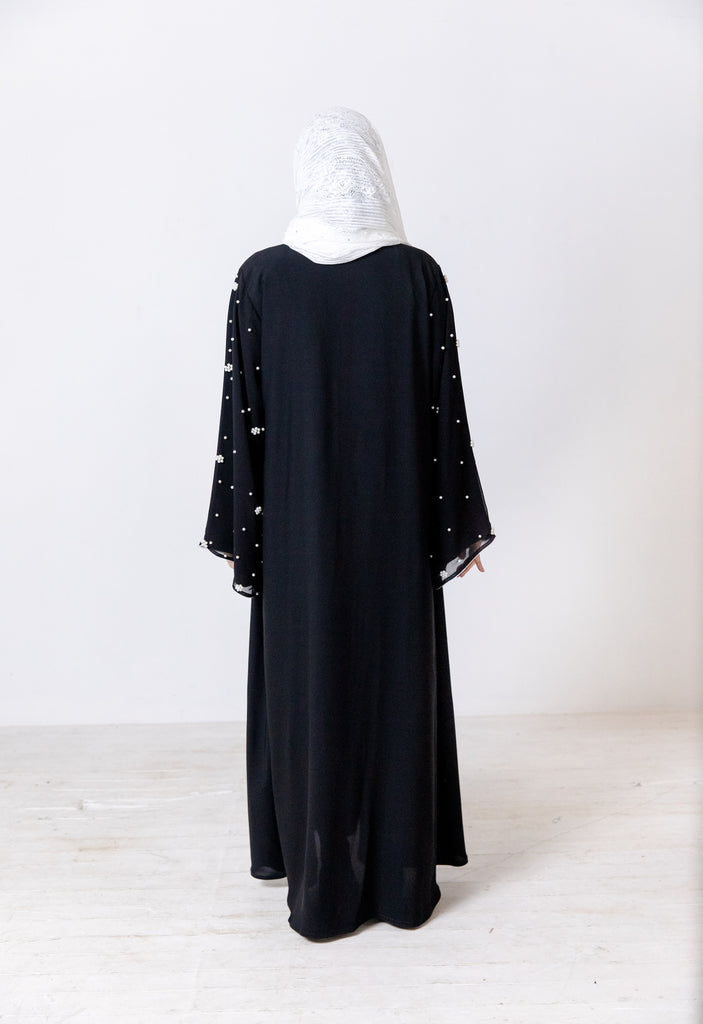 Black Faux Double Abaya with White Pear Embellishment and Chiffon Sleeves